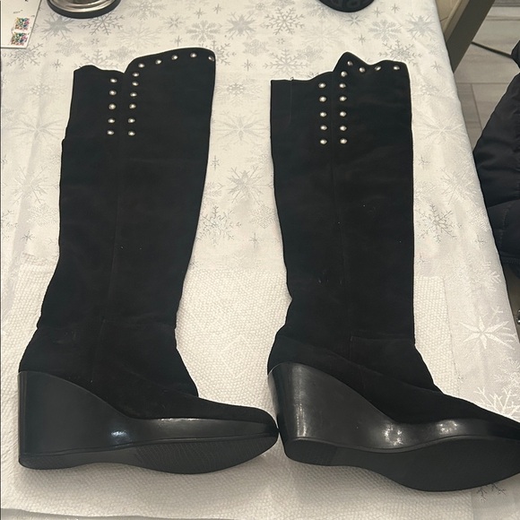 Stuart Weitzman Black Suede Knee-High Wedge Boots - Picture 7 of 14